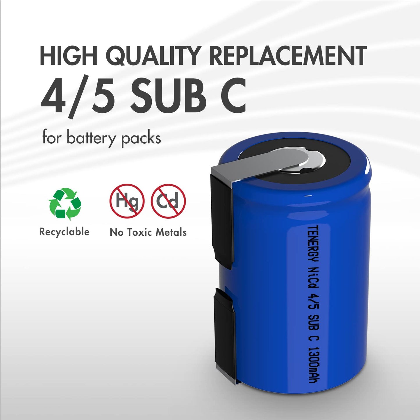 Tenergy 4/5 SubC 1.2 Volts 1300mAh NiCD Rechargeable Batteries with Tabs, Flat top, 15 Pack