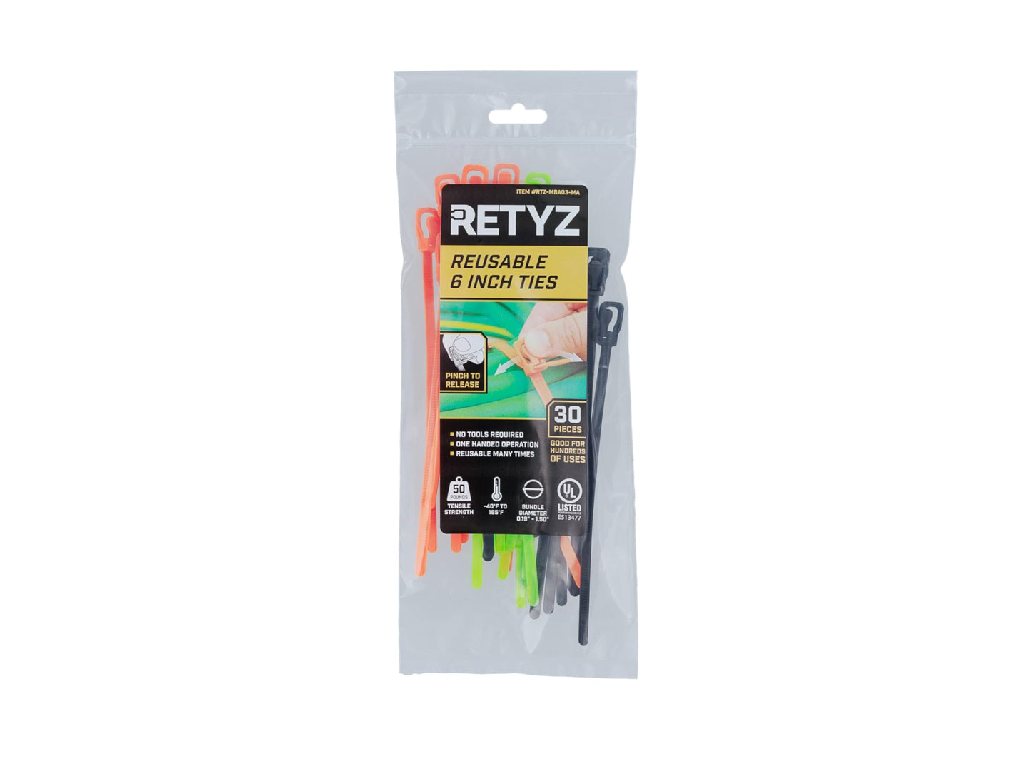 RETYZ Releasable Cable Ties Combo Pack, 30 Pack, 50 lb Tensile Strength, 6-Inch, Multi-Color (Black, Fluorescent Orange, Fluorescent Green), Heavy