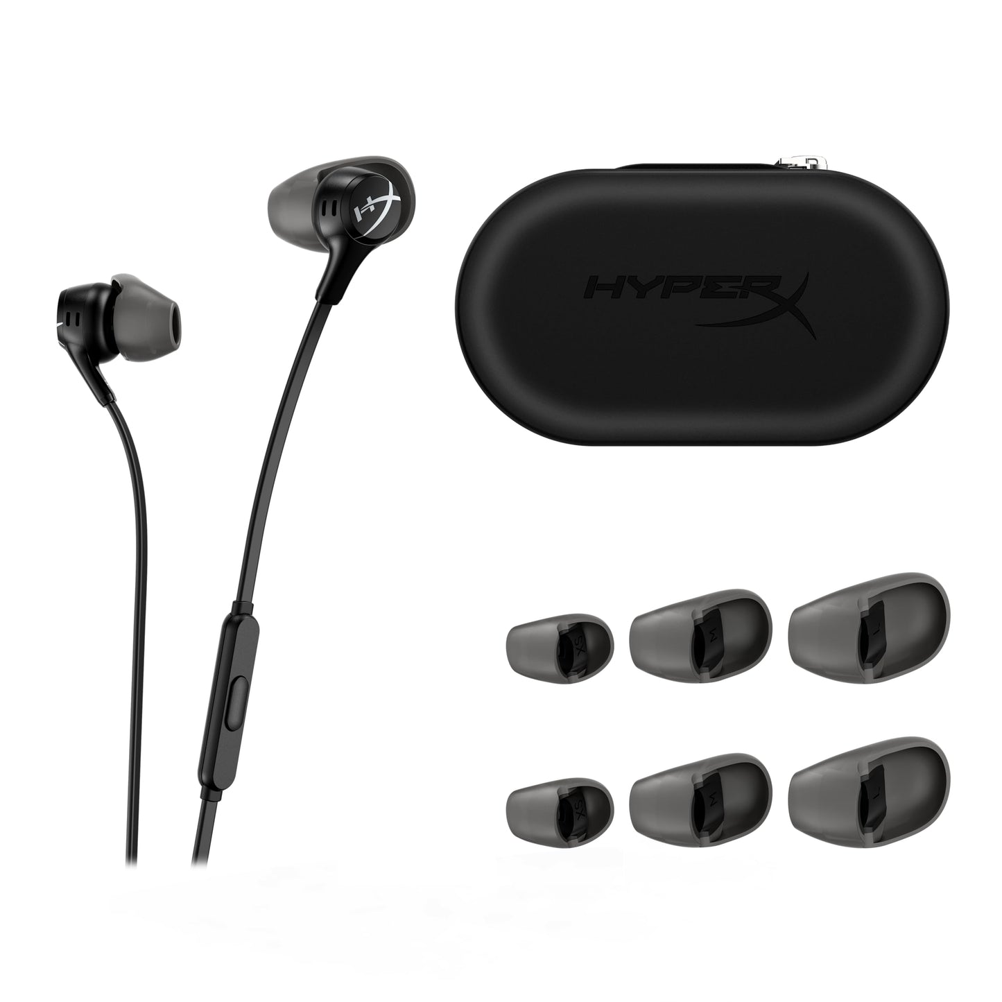 HyperX Cloud Earbuds II 14mm Drivers, Four Eartips, Hard-Shell Carrying Case, Low-Profile 90° Plug, 3.5mm Plug, Built-in Microphone, Multi-Function