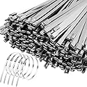 100pcs 11.8"x0.18"x0.01"/(L*W*T) Multi-Purpose Stainless Steel Black Silver Cable Ties Metal Coated Self-Locking Cables Tie Heavy Duty Fastener