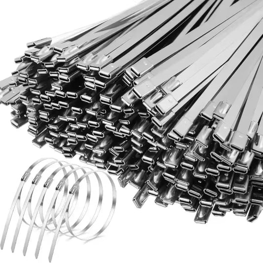 100pcs 11.8"x0.18"x0.01"/(L*W*T) Multi-Purpose Stainless Steel Black Silver Cable Ties Metal Coated Self-Locking Cables Tie Heavy Duty Fastener