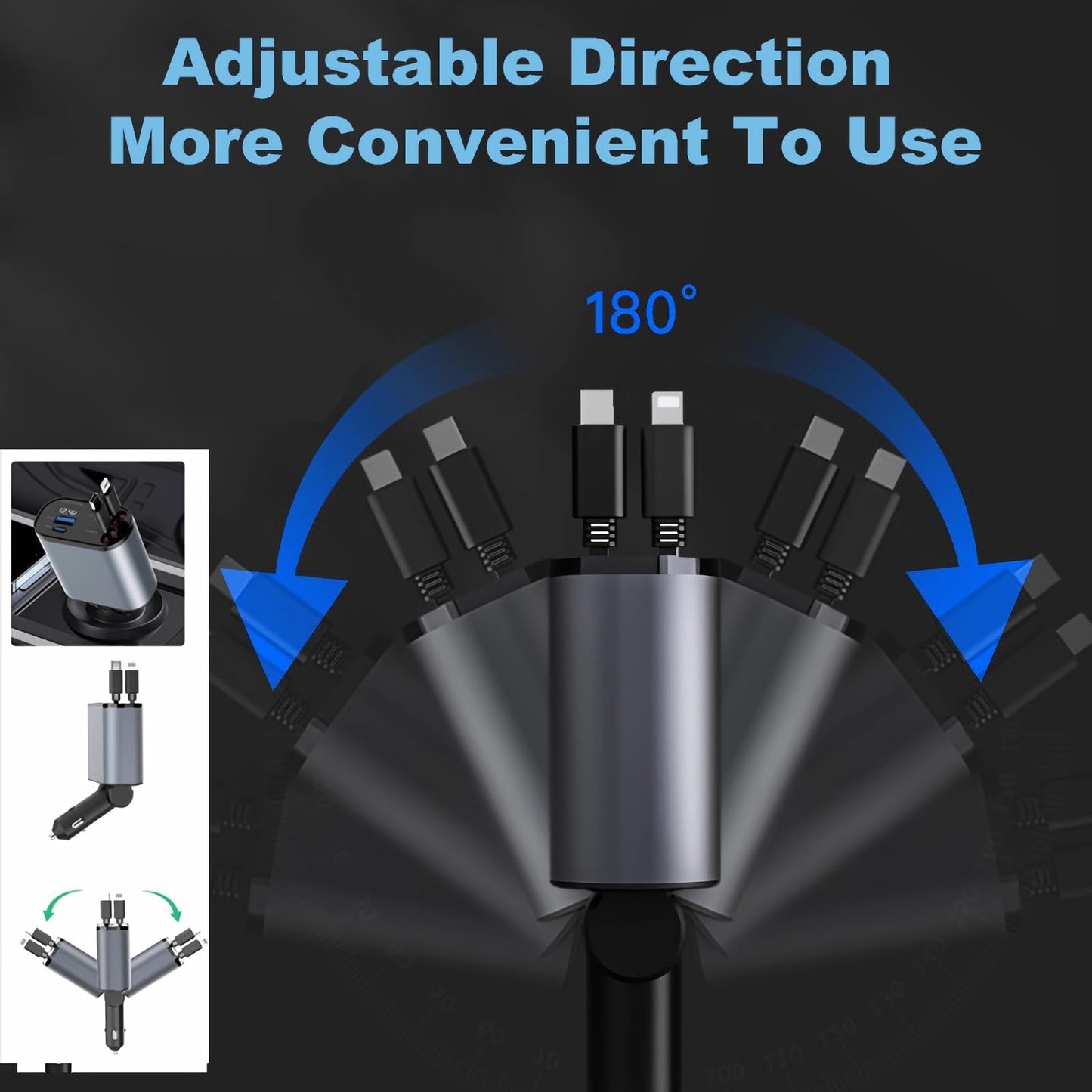 Retractable 4 in 1 Fast Charging 100W Phone Charger, Retractable Cables (80cm) with Dual Type-C Charging Ports, USB C Ports Car Adapter Compatible