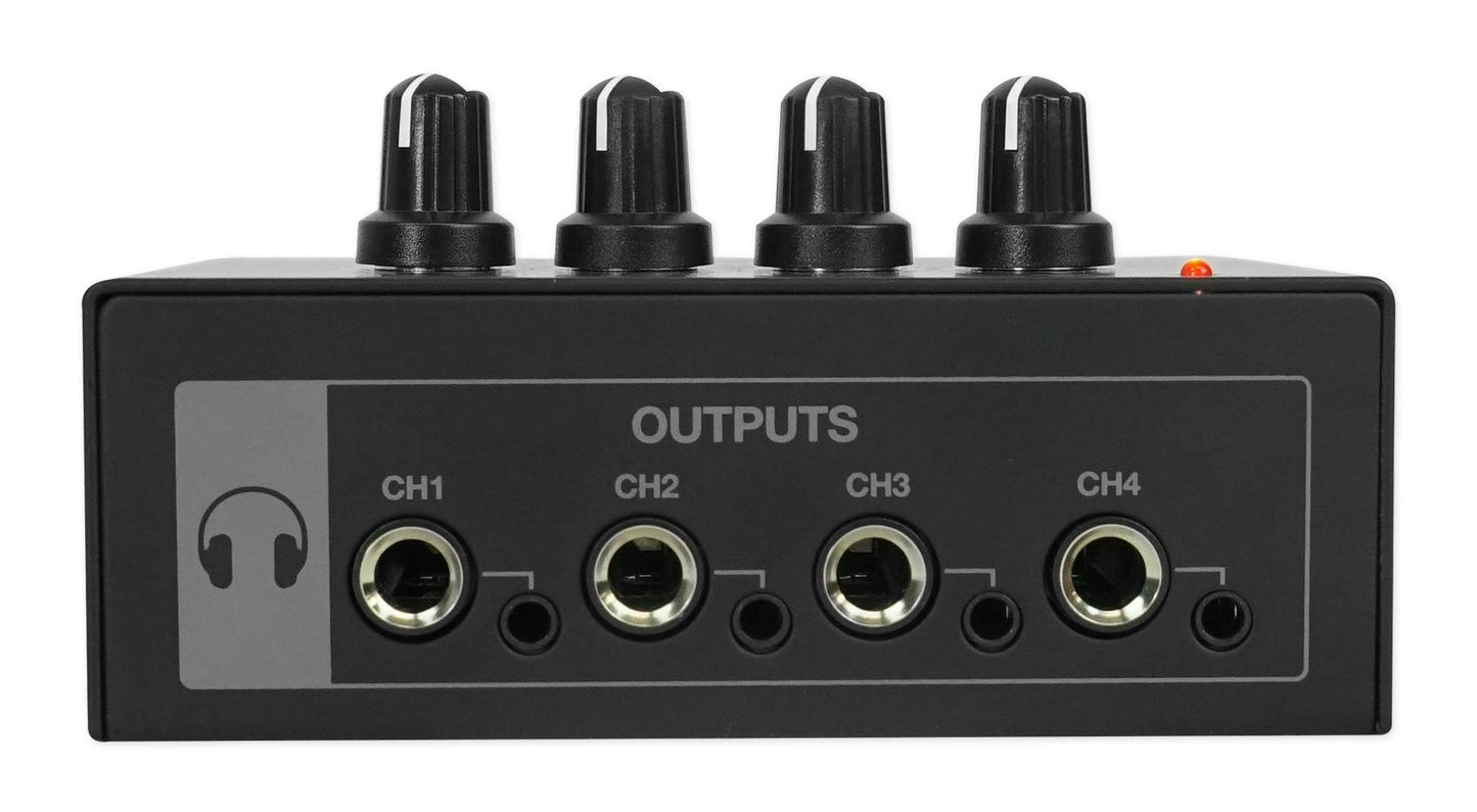 Rockville RHPA4 4-Channel Headphone Amplifier, Stereo/Mono Switch, Dual 1/4" and 3.5mm Outputs per Channel, USB Power, for Studio and Podcast