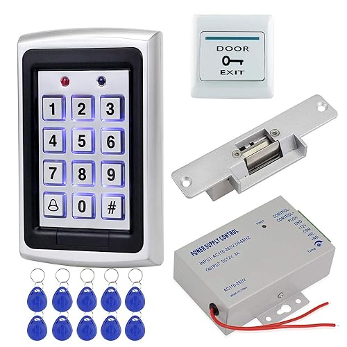 HFeng Door Access Control System Kit Set Metal RFID Keypad + DC12V 3A Power Supply Controller + NC Type Electronic Strike Locks + Door Exit Button +