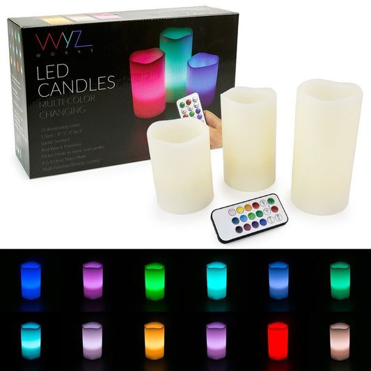 WYZworks Set of 3 LED Multi-Color Changing Real Wax Ivory Pillar Candles (4”, 5”, 6”) w/Remote Control, Realistic Flameless Flicker Mode, Battery