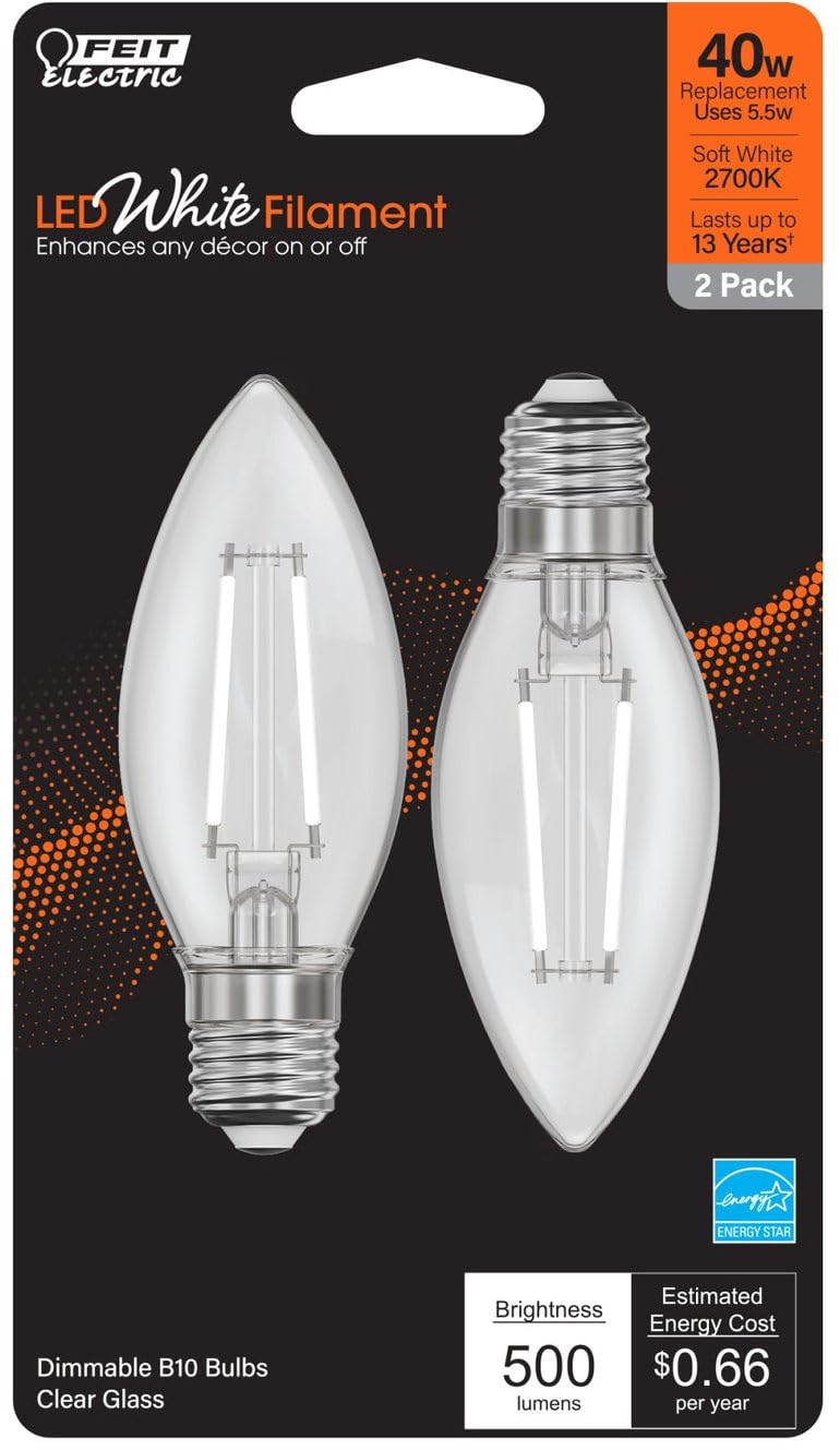 Feit Electric BPETC60927CAWFIL/2 Soft White Torpedo-Tip Exposed White Filament LED Bulb, 2 Bulbs per Pack; 5.5W; 60W Equivalent; E26 Base; 2700K; 90
