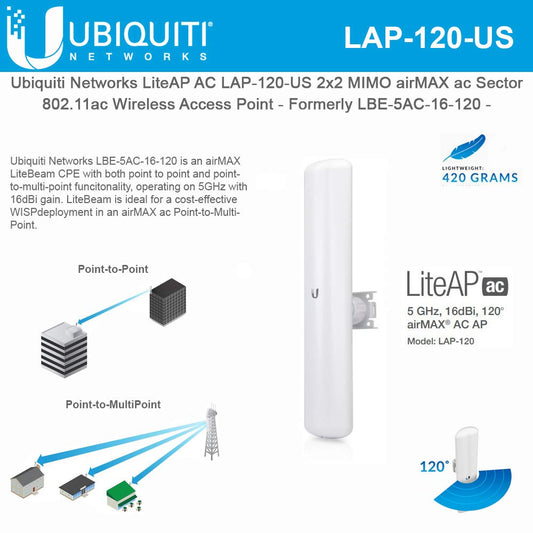 LiteAP AC LAP-120-US 2x2 MIMO Airmax ac Sector Access Point - Formerly LBE-5AC-16-120 -
