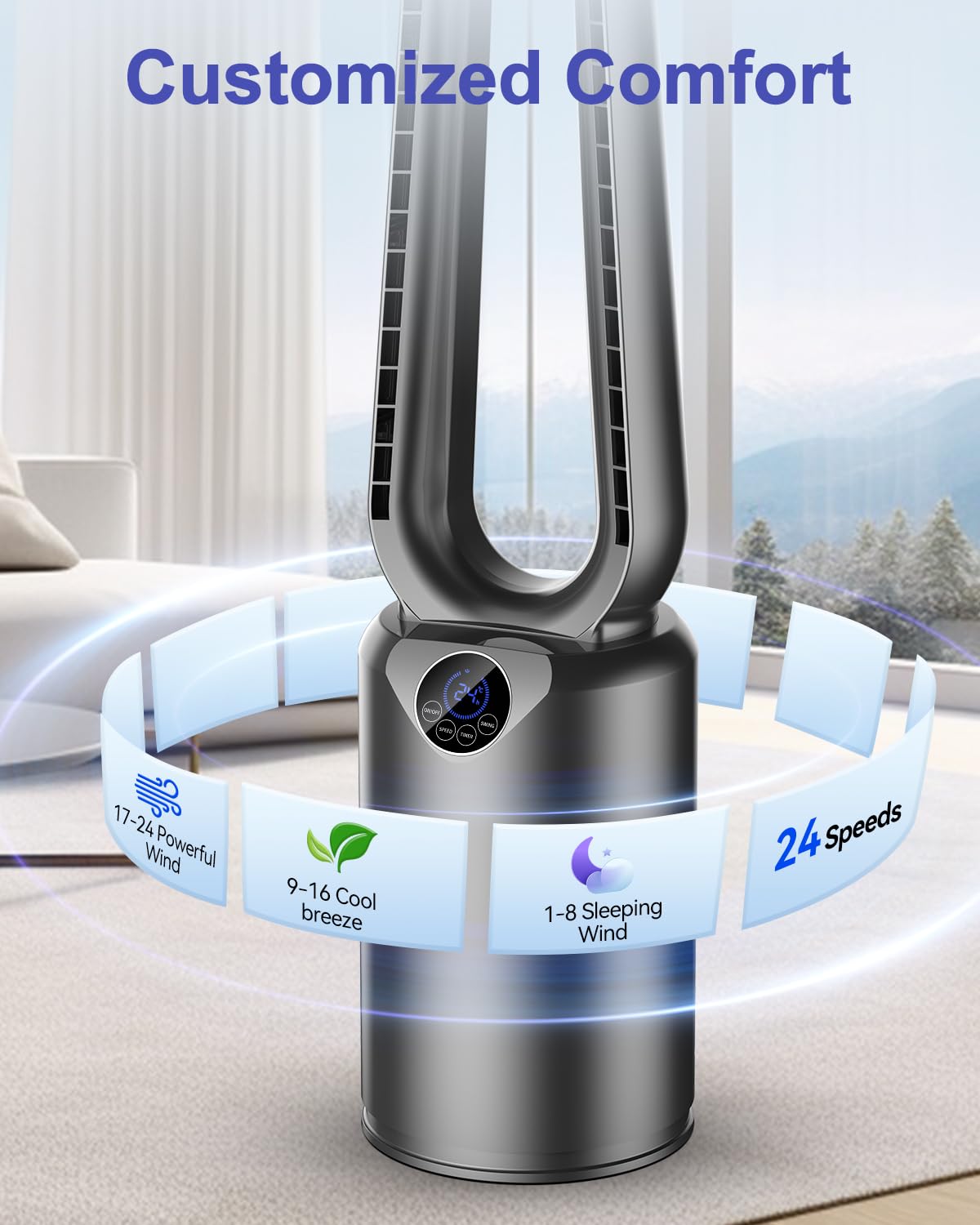 Bladeless Tower Fan with Powerful Airflow, Ultra-Quiet DC Motor (22 dB), 8 Speed Levels & 4 Modes, Remote Control, 12H Timer, 90° Oscillation, Safe