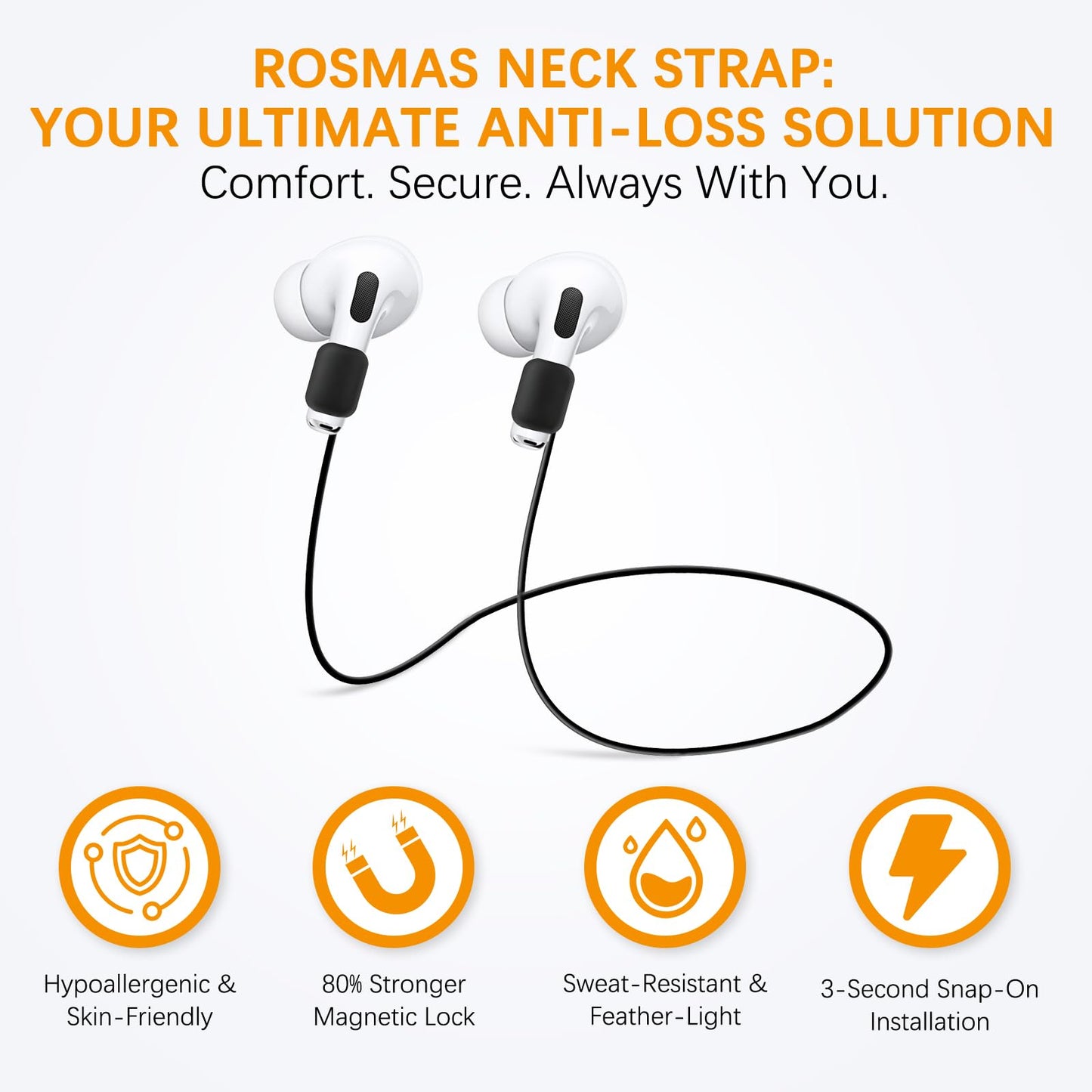 Rosmas Strong Magnetic Anti-Lost Straps for AirPods, Silicone Sports Neck Rope Cord,Compatible with AirPods Pro3/2/1,AirPod 4 (1, Orange)