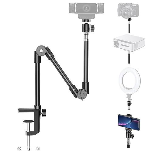 KDD Webcam Stand Camera Mount with Phone Holder, 22 Inch Foldable Flexible Gooseneck Cell Phone Clamp & Table Projector Mount, for Logitech C922 C930e