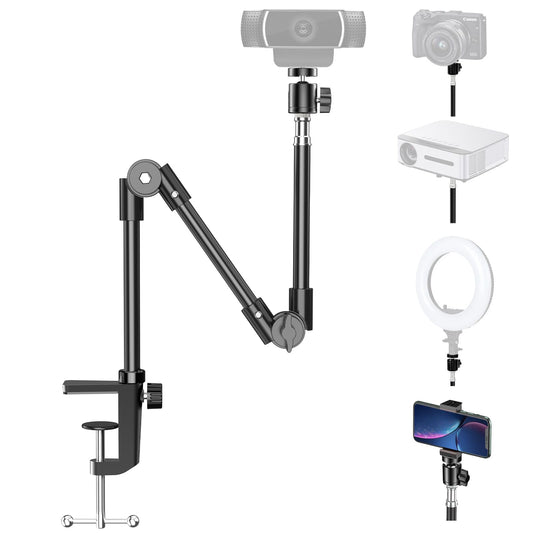 KDD Webcam Stand Camera Mount with Phone Holder, 22 Inch Foldable Flexible Gooseneck Cell Phone Clamp & Table Projector Mount, for Logitech C922 C930e