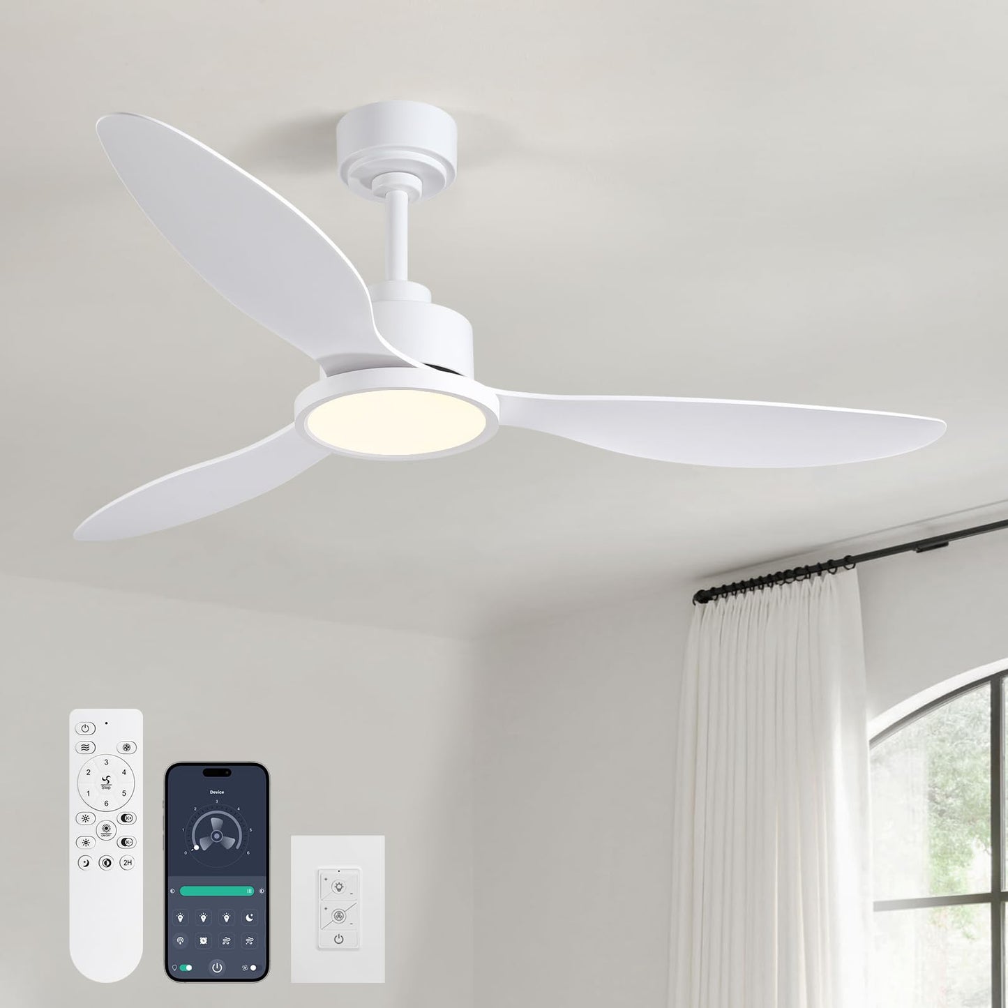 MOOONICHE 52" White Ceiling Fan with Light and Remote, Dimmable Fandelier Ceiling Fans, 6-Speed Wind Modern Fan Light with 3 Blades, Smart Timer