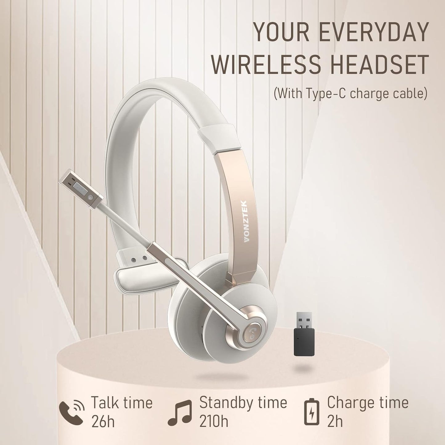 Vonztek Wireless Headset, Trucker Bluetooth Headset with Microphone Noise Canceling & USB Dongle, 5.0 Wireless Headphones with Mic Mute for Cell Phone