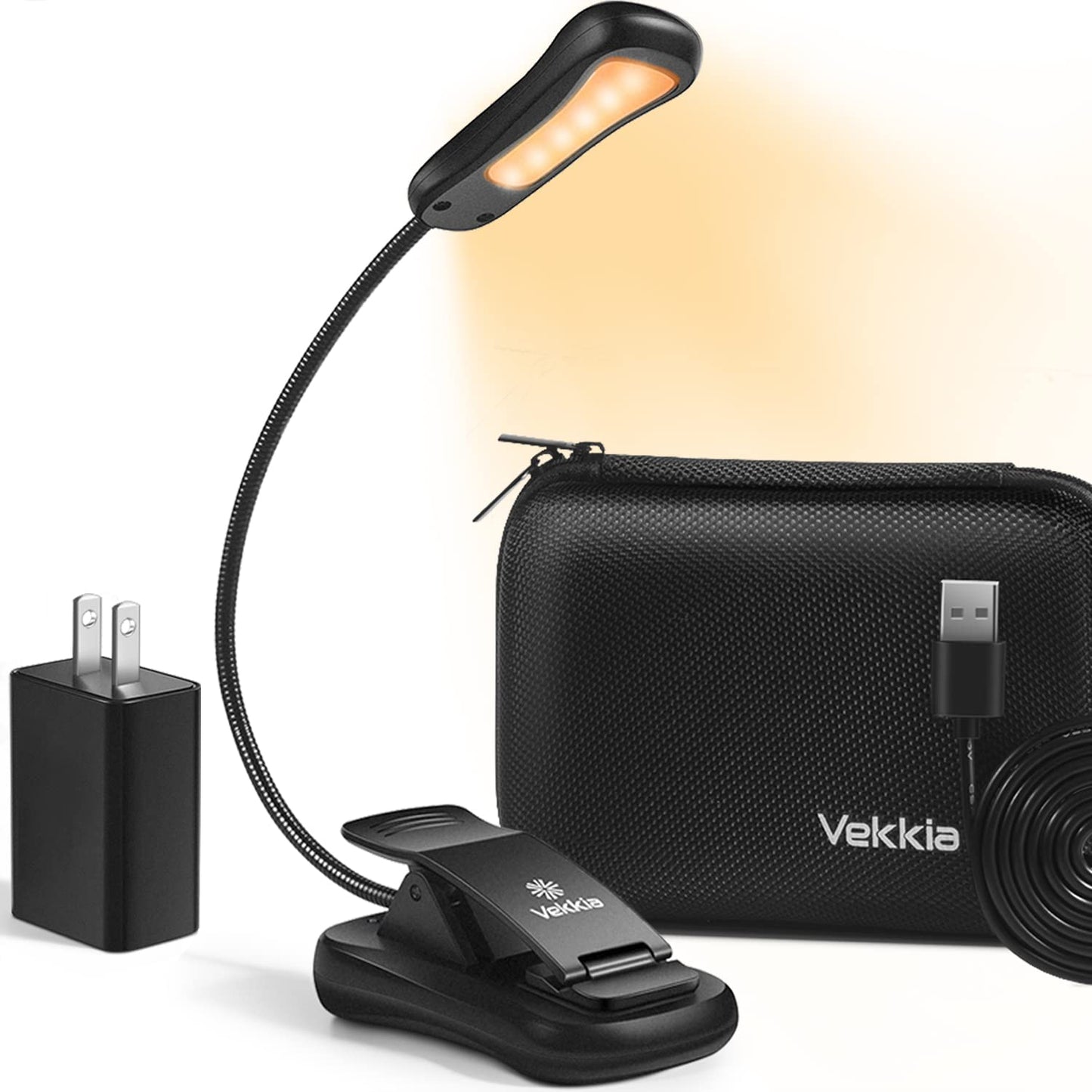 Vekkia Book Light Set with Charger, Clip on Reading Light in Bed with 3 Brightness, Up to 60 Hrs, Rechargeable, Eye-Care Warm LED for Read Before Bed