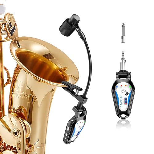 KIMAFUN 2.4G Wireless Saxophone Microphone, Clip-on Instrument Microphone, 100ft Range, Plug and Play, Wireless Transmitter & Receiver for Saxophone