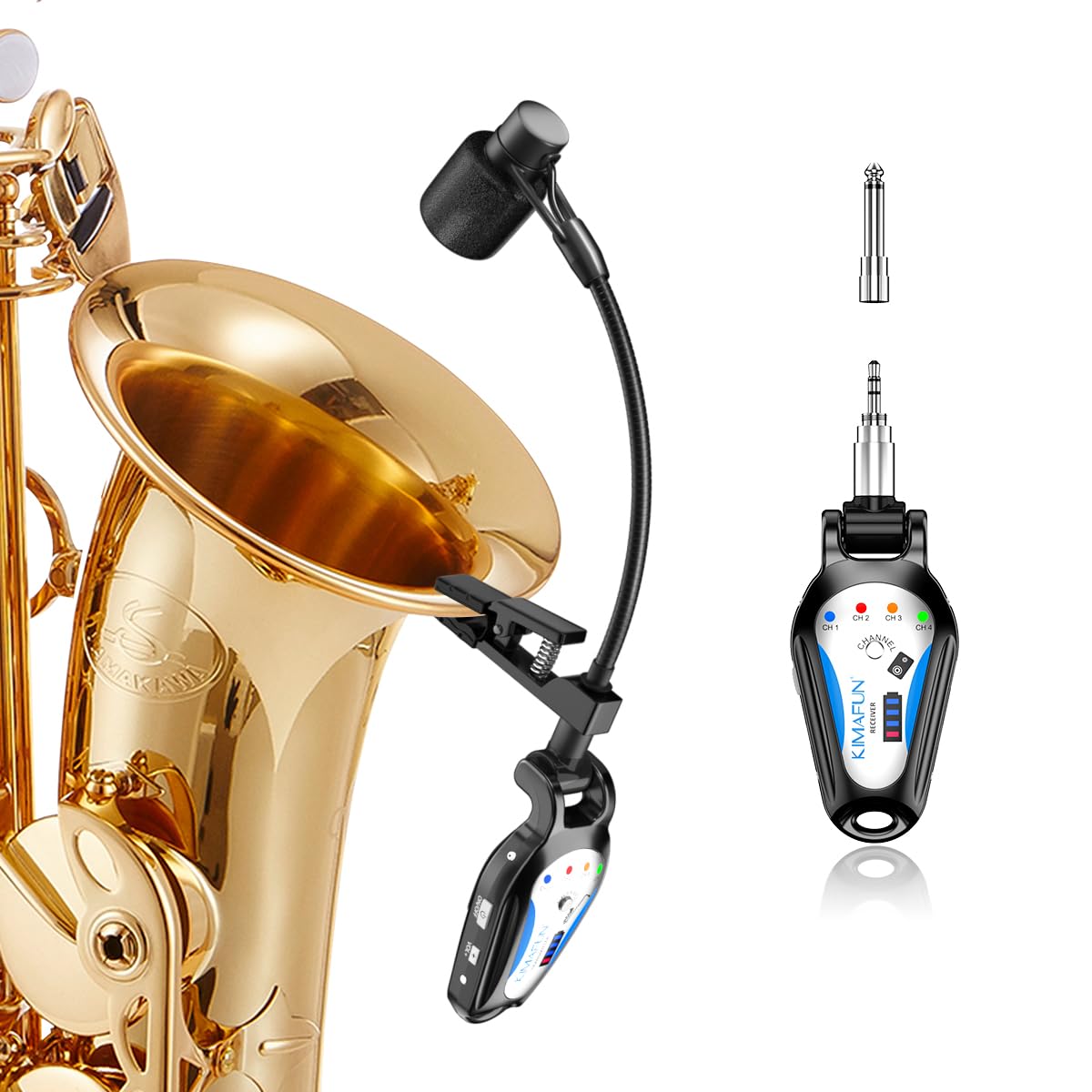 KIMAFUN 2.4G Wireless Saxophone Microphone, Clip-on Instrument Microphone, 100ft Range, Plug and Play, Wireless Transmitter & Receiver for Saxophone