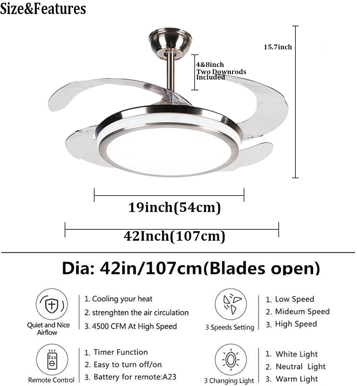 PDDL Home 42 Inch Fandelier Ceiling Fan Light with Remote Control, Retractable Fan Blade Chandelier Fan with Silent Motor