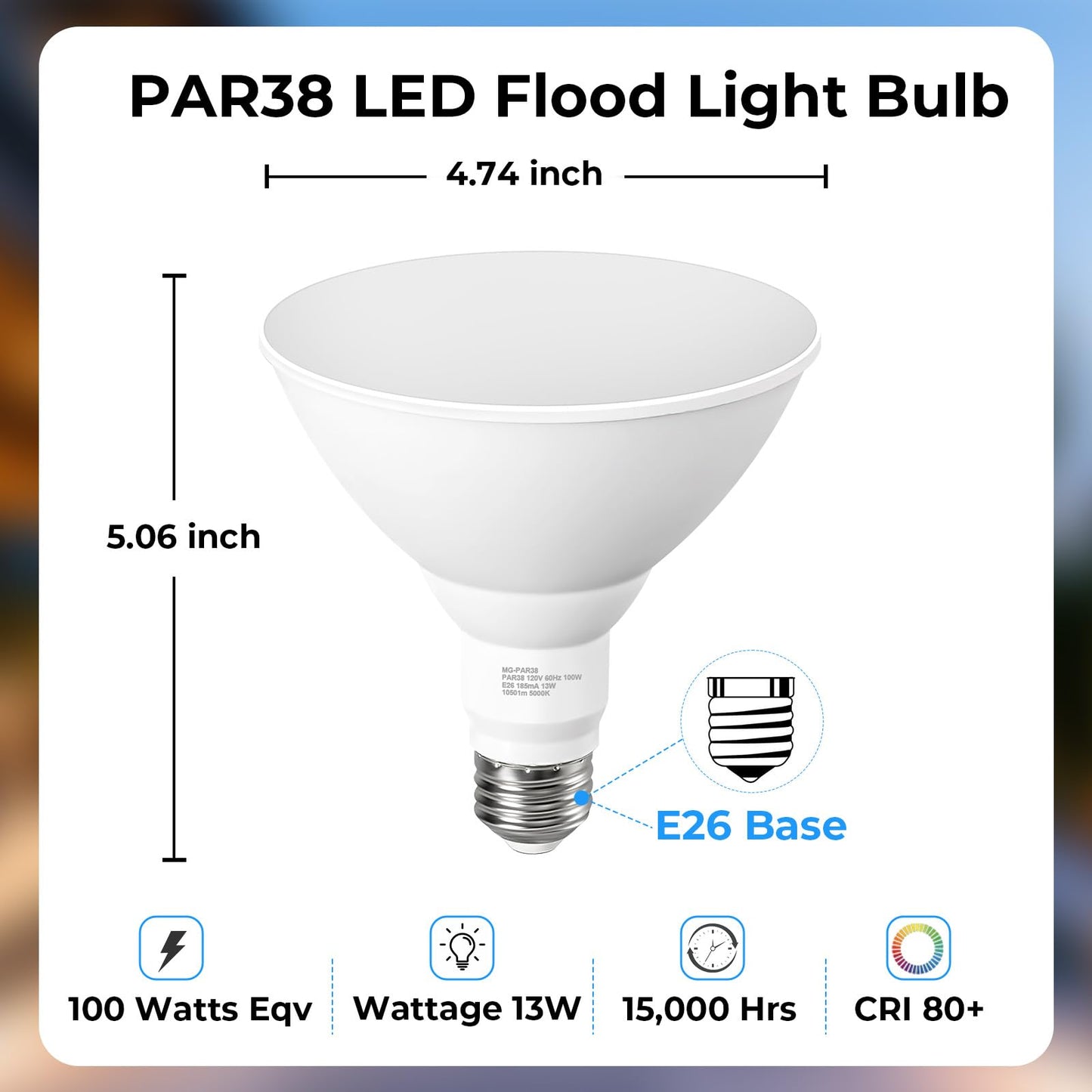 PAR38 LED Flood Light Bulbs, 5000K Daylight 100W Equivalent, 4Pack