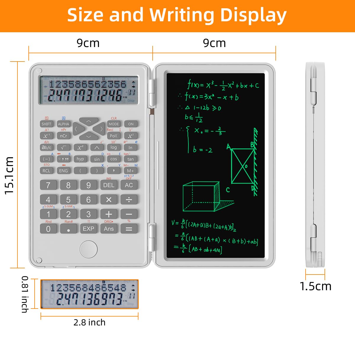 Scientific Calculator with LCD Writing Tablet - 240 Functions for Math, Physics & Exams, Dual-Line Display, One-Click Clear & Lock, Pull-Out Stylus
