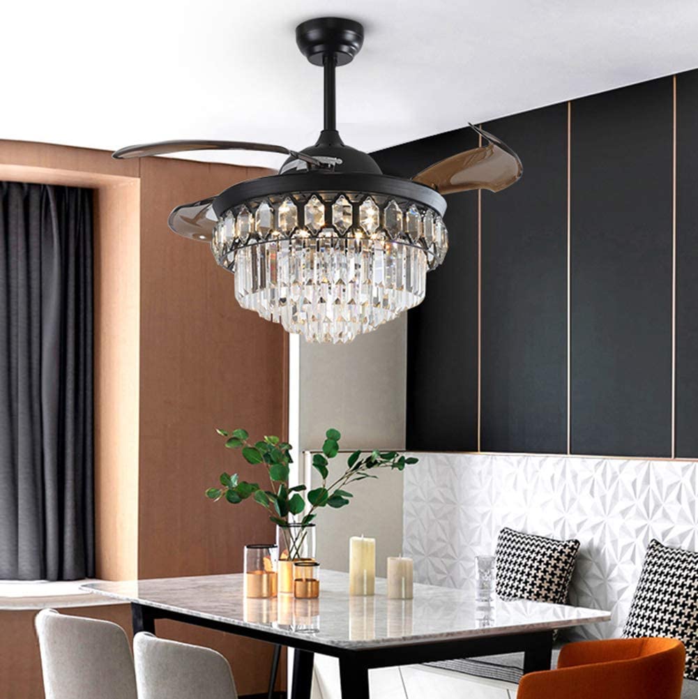 Fandian 42" Modern Crystal Ceiling Fan with Lights Black Retractable Fandelier Remote Control Fixtures, 3 Color Changes Luxury Lighting for Dining
