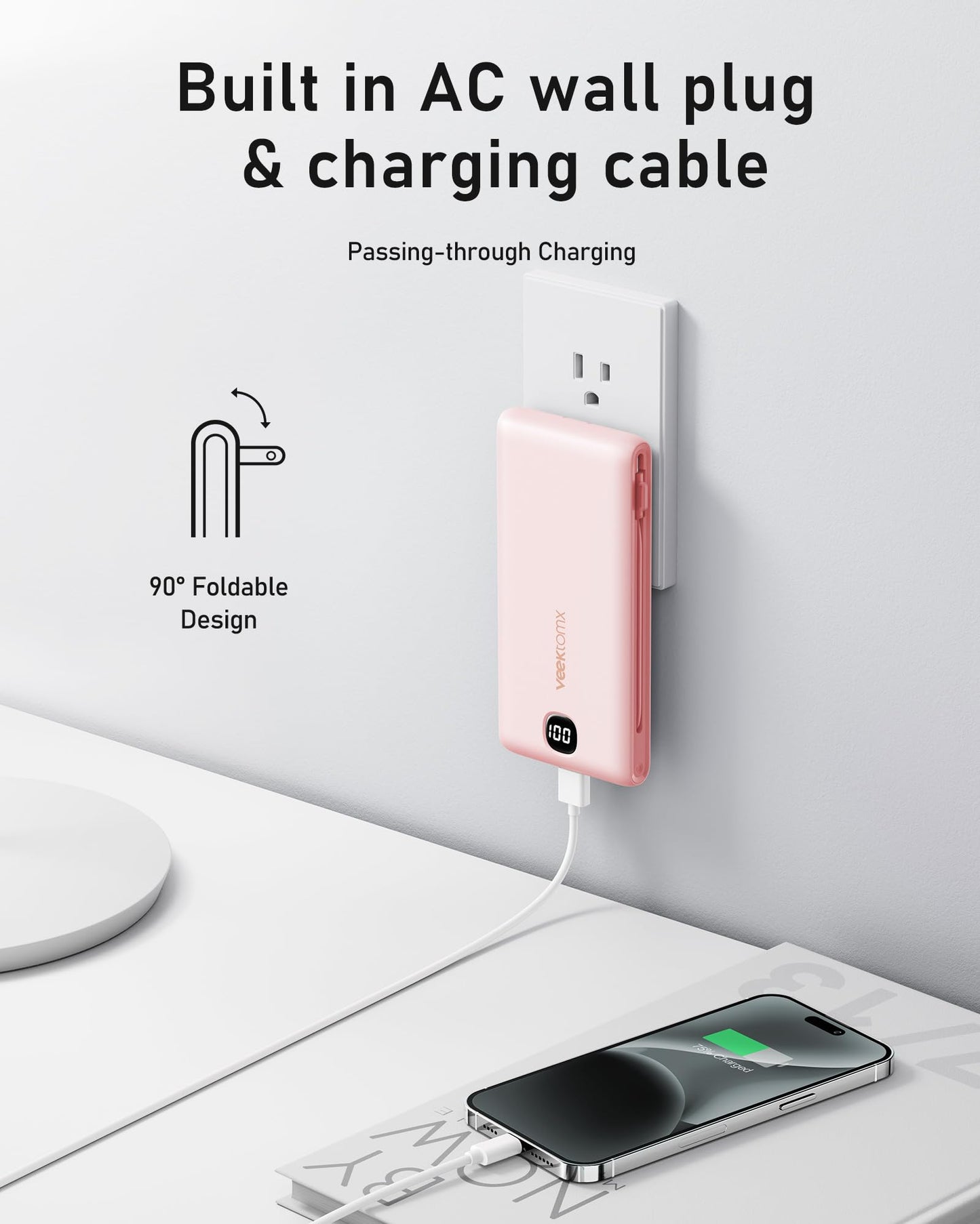 VEEKTOMX 10000mAh Portable Charger with Built-in Cables & Wall Plug