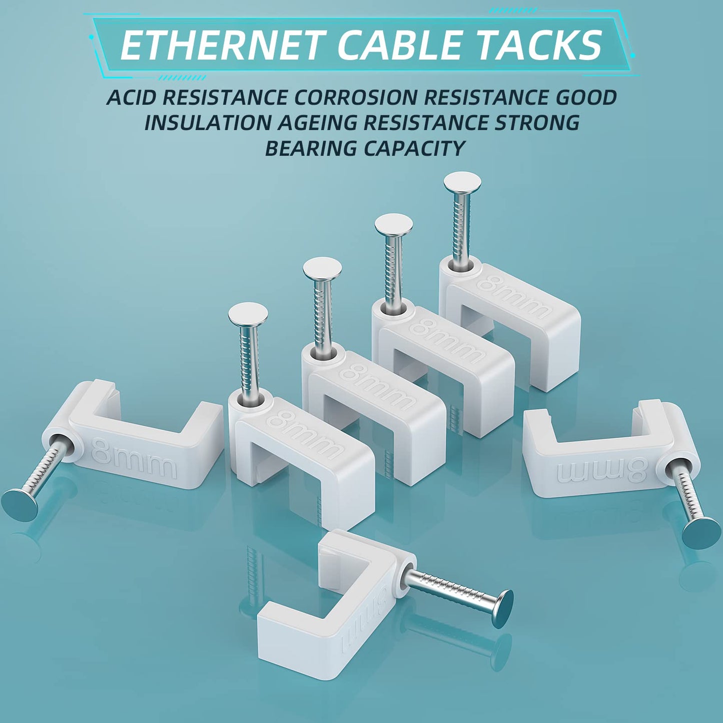 AOPOCKAN TECH Cable Clips White 100 Pieces Ethernet Cable Clips with Steel Nails 8mm Cord Holder for Cat8 Cat7 Cat6 Flat Ethernet Cable - 0.32 inch