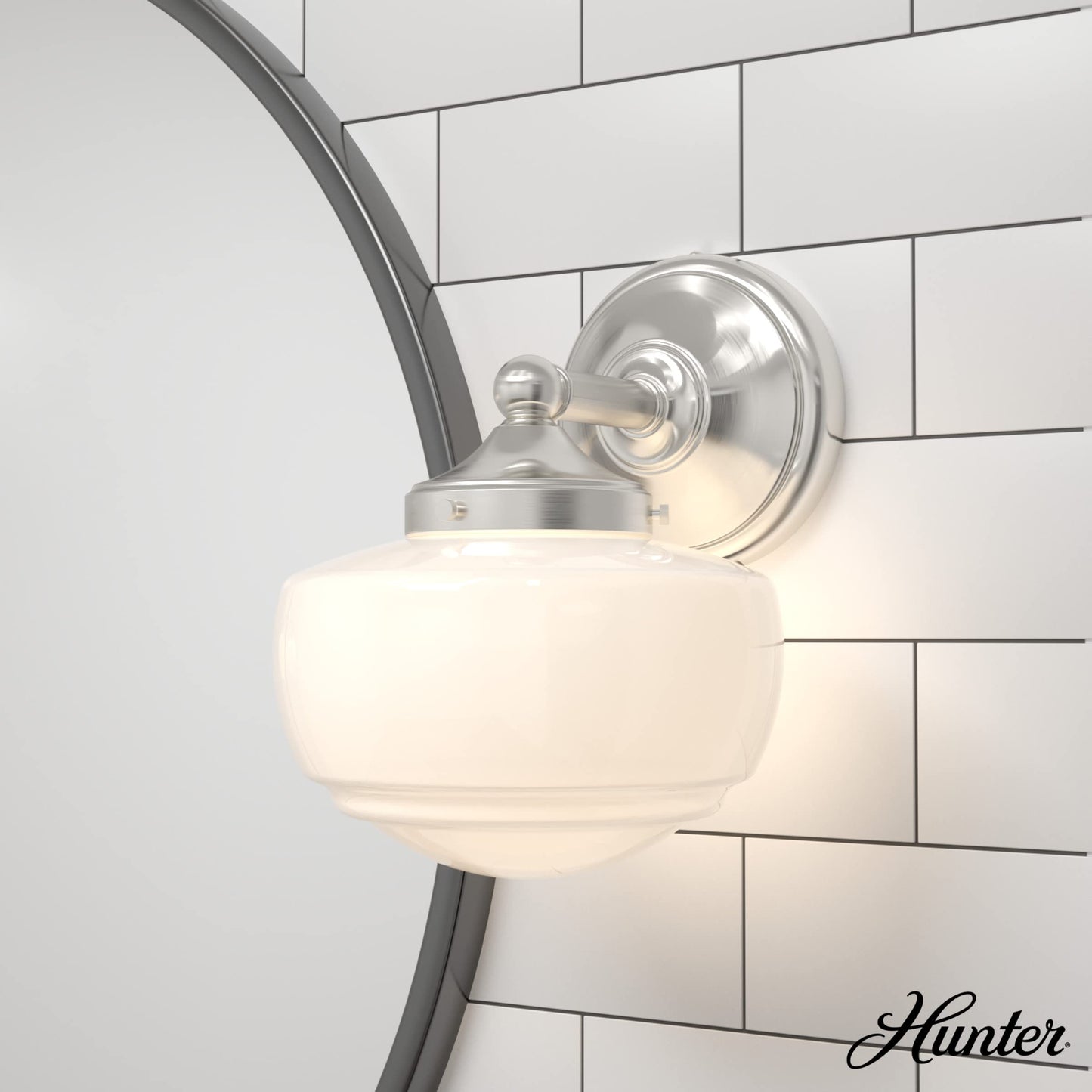 Hunter - Saddle Creek 1-Light Brushed Nickel, Medium Size Sconce Light, Dimmable, Schoolhouse Style, for Bedrooms, Kitchens, Foyers, Bathrooms - 19139
