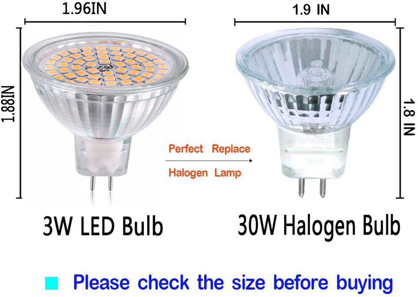 MR16 LED Light Bulbs(4 Pack)-380lm 60LEDs 2835 SMD 3W AC/DC 12V 3000K Warm White,30W Halogen Bulb Equivalent,GU5.3 Bi-Pin Base,Not Dimmable,