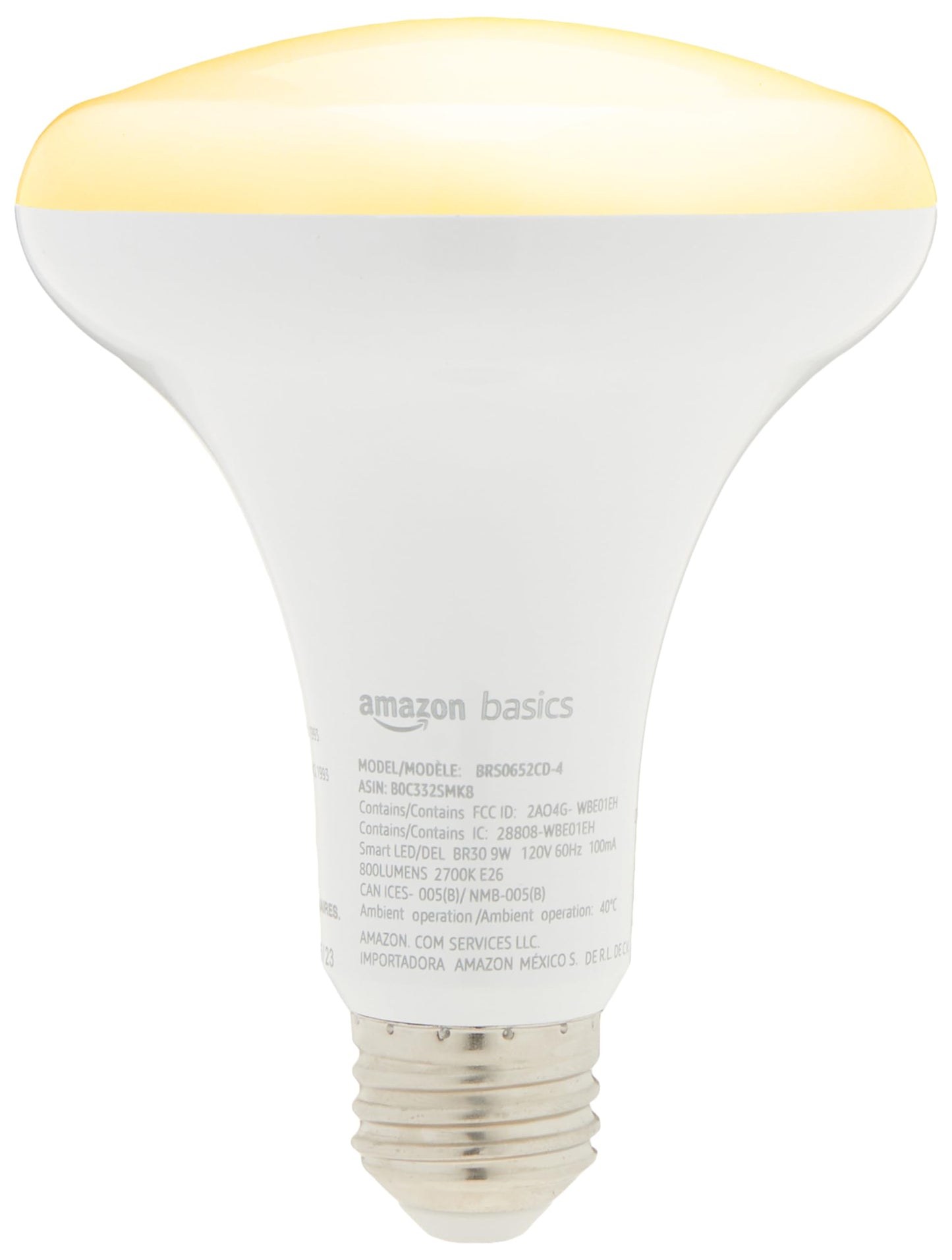 Amazon Basics Smart BR30 LED Light Bulbs for Bedroom Living Room, Dimmable Soft White (2700K), 9W (60W Equivalent), 800LM, Voice Control, Works