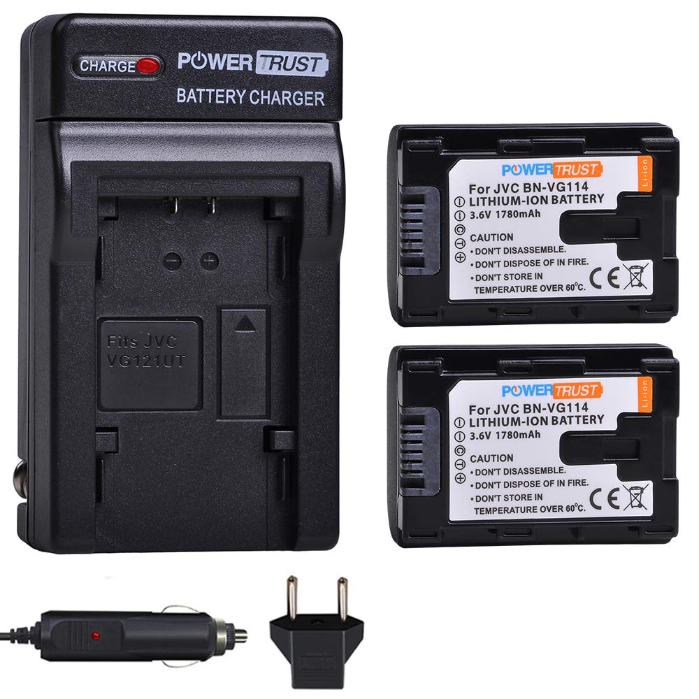 PowerTrust 2-Pack BN-VG114 Battery + Fast Charger Kits for JVC BN-VG107 BN-VG107U BN-VG108U BN-VG108E BN-VG114U BN-VG121U BN-VG138U BN-VG138 Camcorder