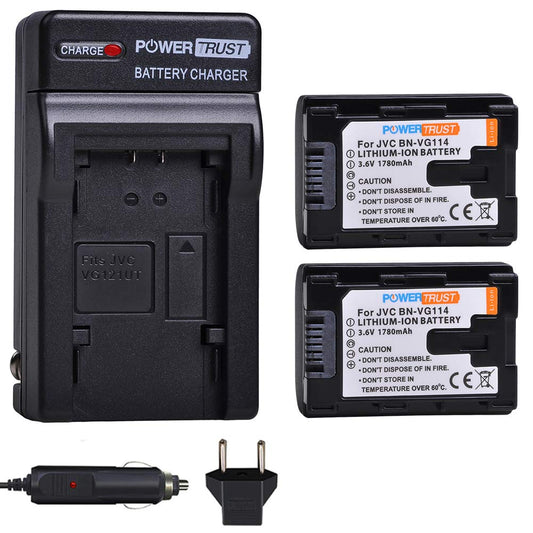 PowerTrust 2-Pack BN-VG114 Battery + Fast Charger Kits for JVC BN-VG107 BN-VG107U BN-VG108U BN-VG108E BN-VG114U BN-VG121U BN-VG138U BN-VG138 Camcorder