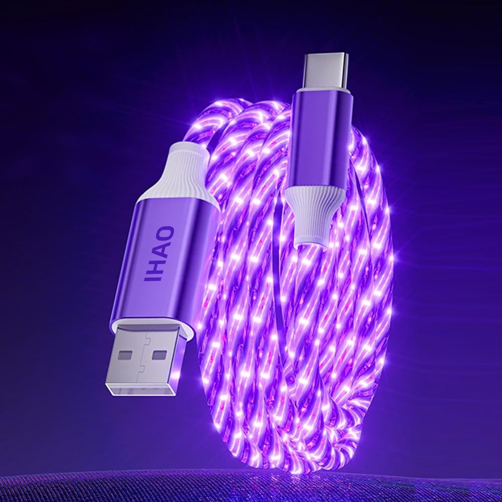IHAO USB A to C Charger Cable PD Fast Charge and High Speed Sync Visible Starry LED Current Flowing Compatible with All USBC Device-Starry Purple A