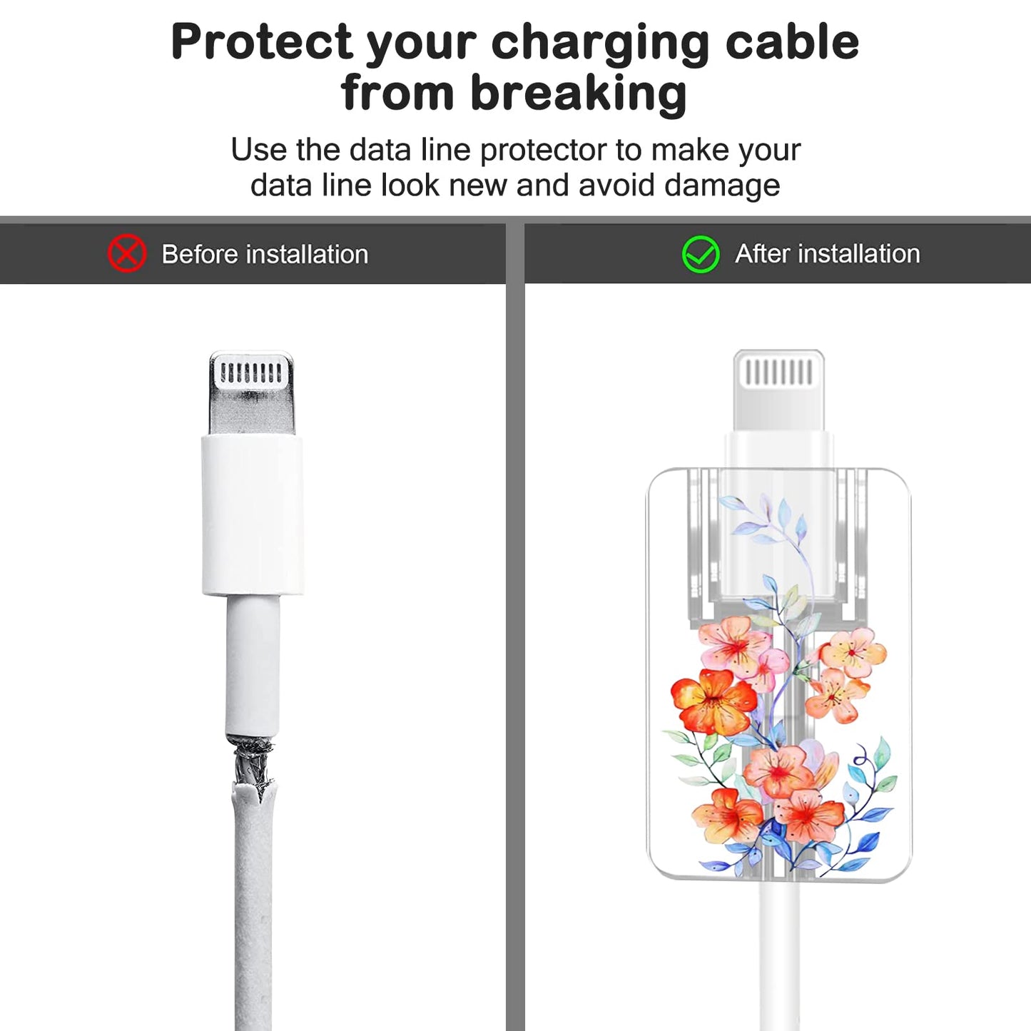 Cute Floral Cable Protector for iPhone Charger Lavender Camellia Sunflower Flower Bouquet Lace Cherry Blossom Pattern 6 pcs Set Cable Protector