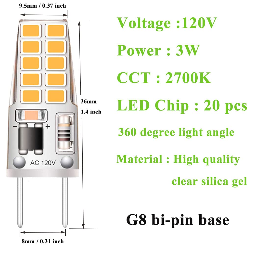 Kapata 5 Pack G8 LED Bulb Soft White 2700K 120V 3W Equivalent to G8 Halogen Bulb 35W T4 JCD Type GY8.6 Bi-Pin Base, Non-dimmable for Under Cabinet