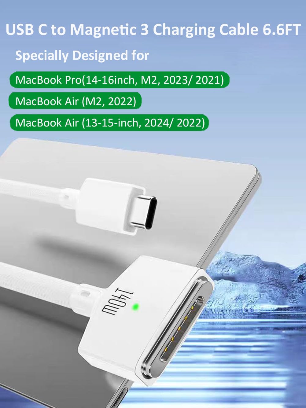 Dorwrnln 140W USB C to Magnetic 3 Charging Cable for MacBook Pro/Air (14/16/13/15-inch, 2023/2022/2024), 6.6FT