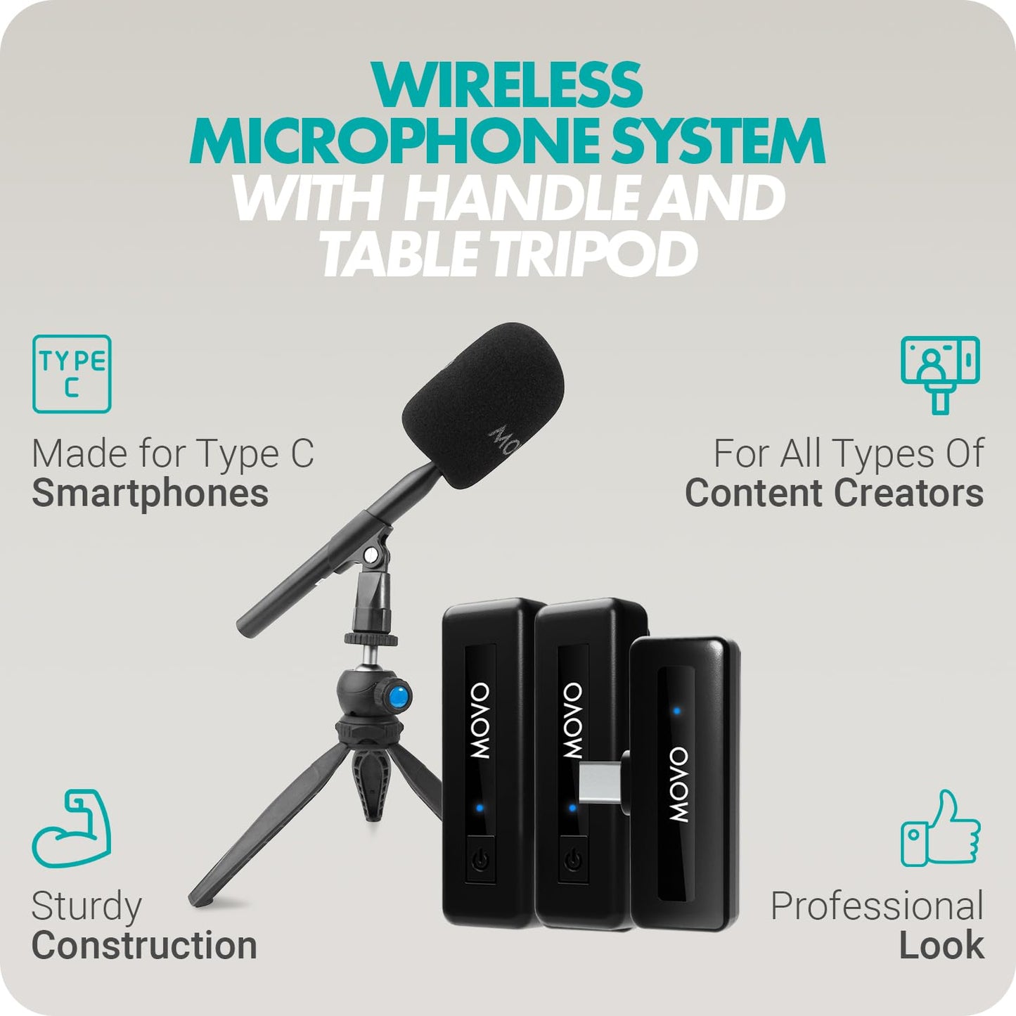 Movo Wireless Mini UC-Duo USB-C Wireless Microphone for iPhone 15/16/Android/PC/Macbook Podcast Equipment Bundle with WMX-HM Handle/Desktop Mic Stand