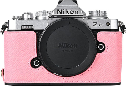 Z fc Case, BMAOLLONGB Handmade PU Carbon Fibre Leather Half Camera Case Bag Cover Bottom Opening Version for Nikon Z fc with Hand Strap (Pink)
