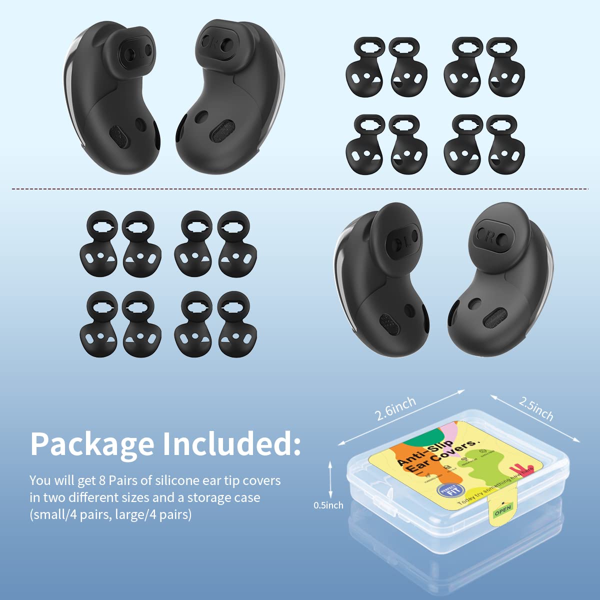 [8 Pairs] Galaxy Buds Live Ear Tips - Anti-Slip Silicone Cover Compatible With Samsung Galaxy Buds Live Earbuds Accessories Wing Replacement (Black)