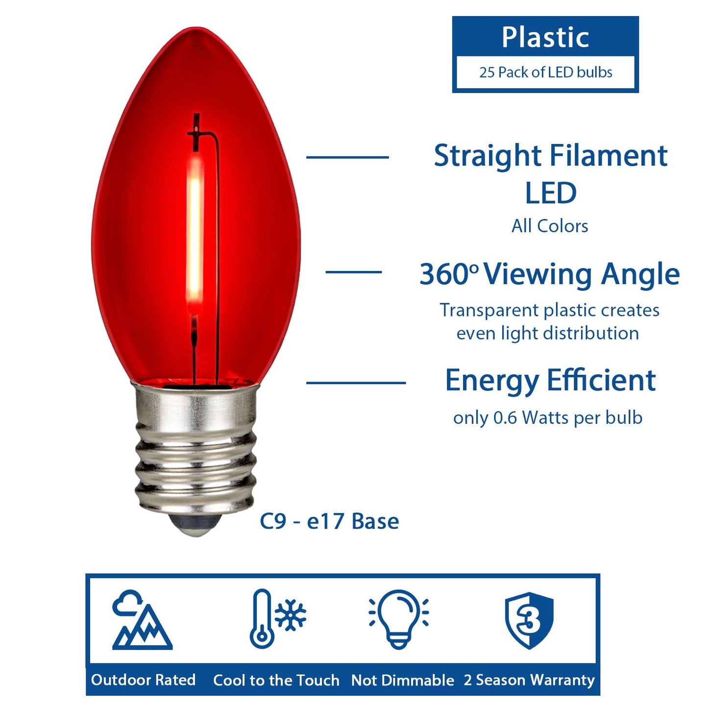 Novelty Lights 25 Pack Red C9 LED Filament Bulbs, Shatterproof Plastic