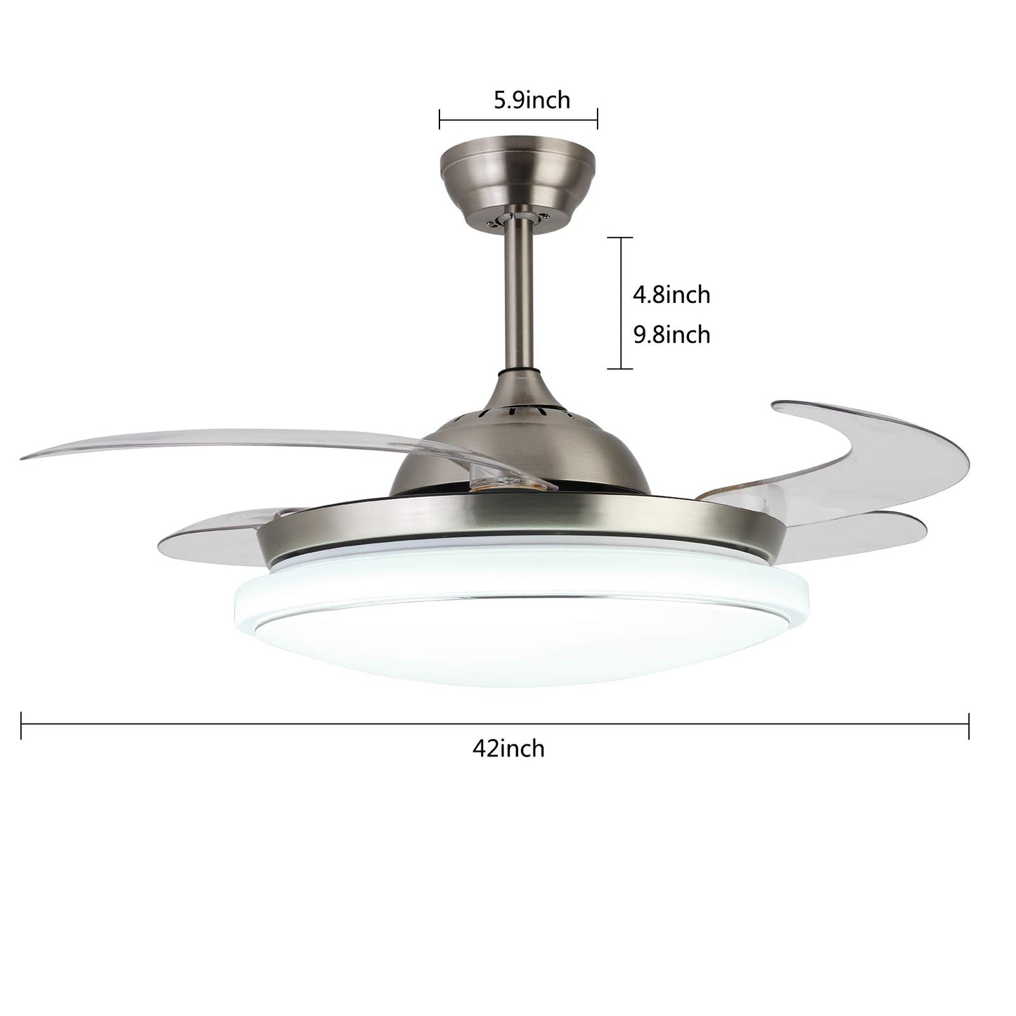 42" Invisible Ceiling Fan Light, Modern Fan Chandelier with LED Light Remote Control, 3 color changes, 4 Invisible Clear ABS Blades Livingroom