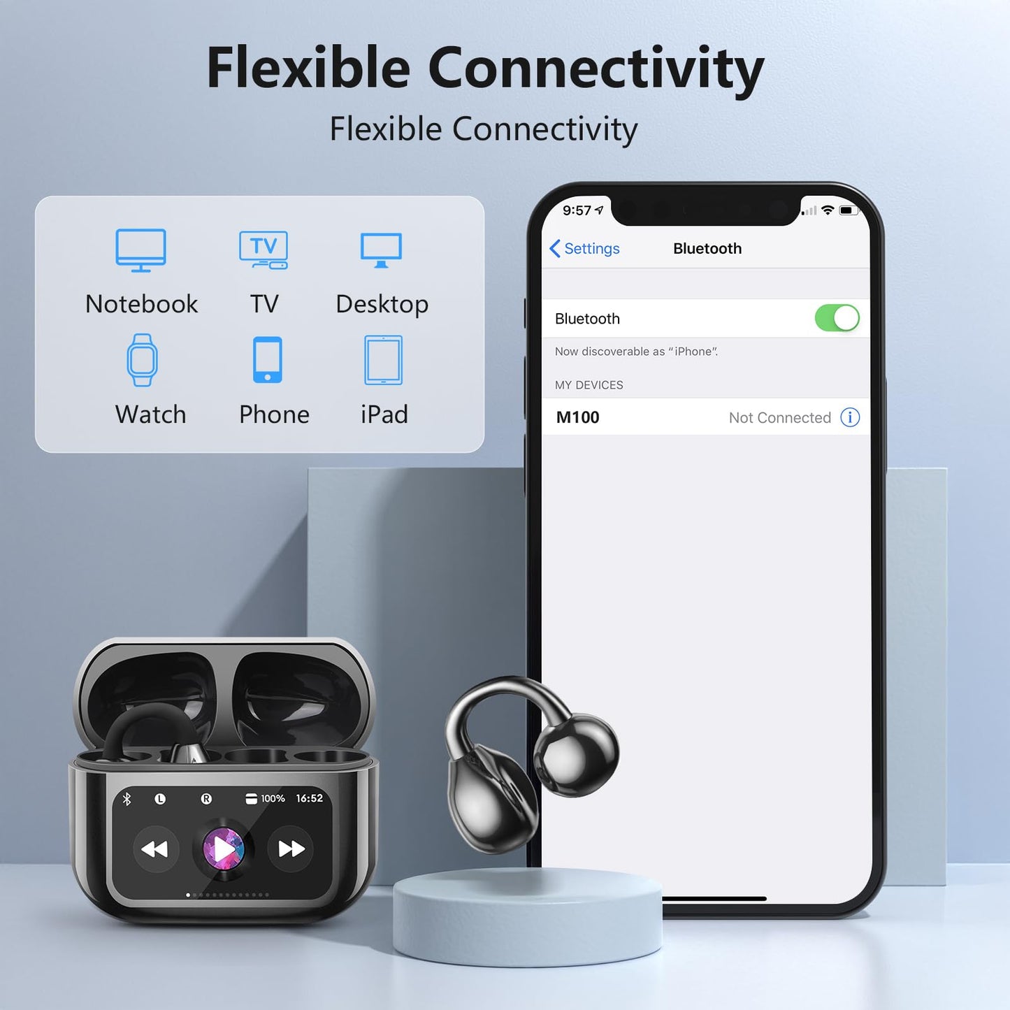 Open Ear Bone conduction Headphones Bluetooth 5.4 Wireless Clip On Earbuds with Digital Display Charging Case 40 Hours Playtime Sport Earphones