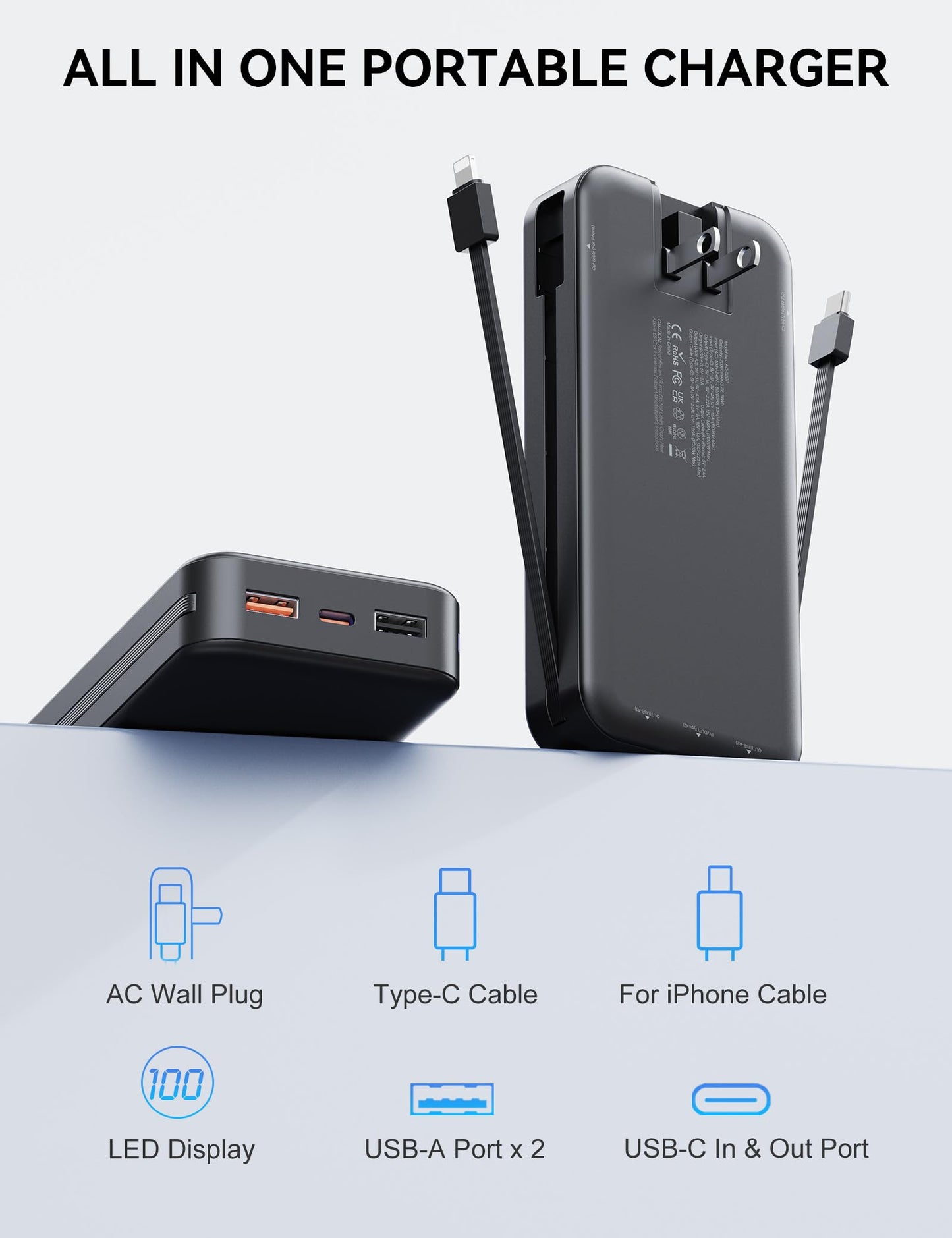 Nusyddy Portable Charger, 20000mAh PD20W Fast Charging Power Bank with Built-in Cables & Wall Plug, Travel Essentials External Battery Pack, USB C