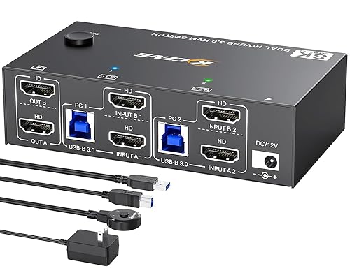 HDMI KVM Switch 2 Monitors 2 Computers 8K@60Hz 4K@144Hz, USB 3.0 Dual Monitor KVM Switch for Running 2 Computers Across 2 Monitors, Sharing 4 USB 3.0