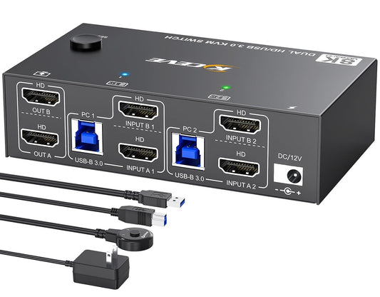 HDMI KVM Switch 2 Monitors 2 Computers 8K@60Hz 4K@144Hz, USB 3.0 Dual Monitor KVM Switch for Running 2 Computers Across 2 Monitors, Sharing 4 USB 3.0