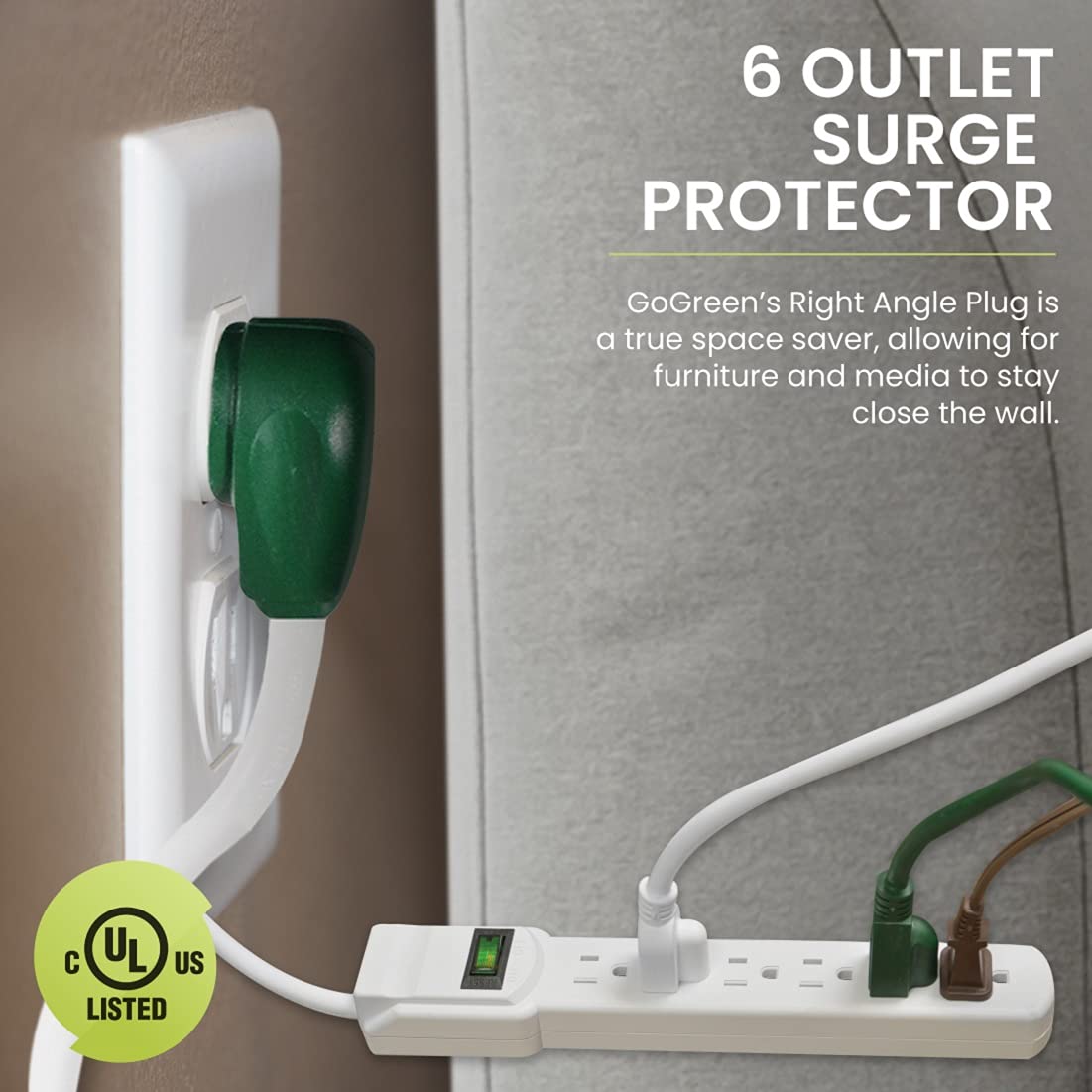 Go Green Power Inc. 12ft Surge Protector with 6 Outlets - Heavy Duty, Circuit Breaker, Mountable - Sleek Design Perfect for Home & Office