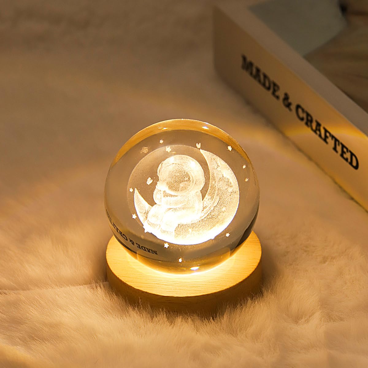 YANFEYHA 3D Moon Crystal Ball Lamp with Dimmable LED and Wooden Base, Night Light for Kids Teens Adults, Home Desk Office Bedroom Decor, Birthday Gift