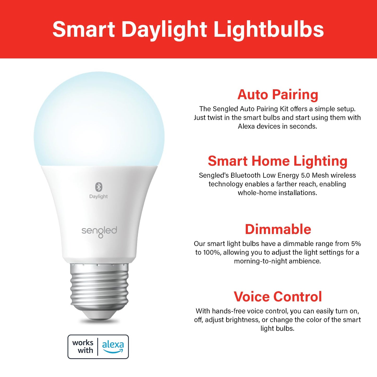 Sengled Alexa Light Bulb, Smart Light Bulbs That Compatible with Alexa Only, Bluetooth Mesh Standard A19 E26 Dimmable LED Bulb Daylight 5000K, 60W