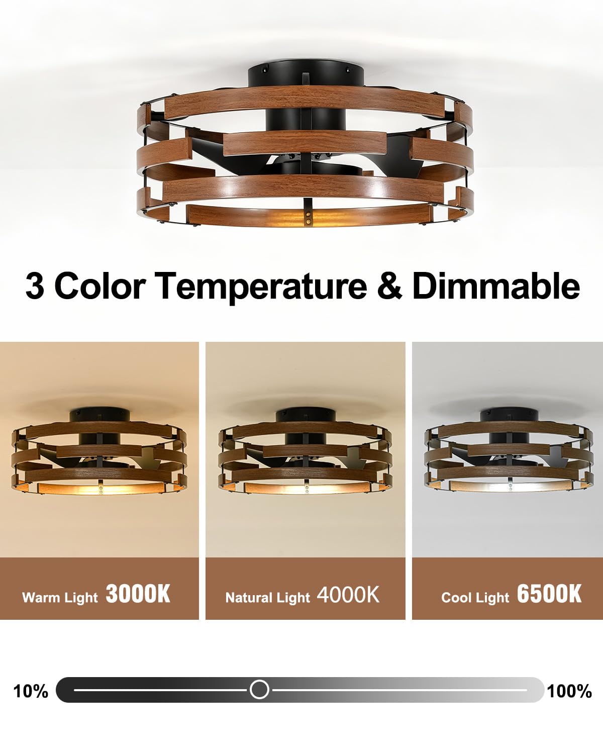 Roomratv 20'' Caged Ceiling Fan with Light, Flush Mount Fandelier, Remote