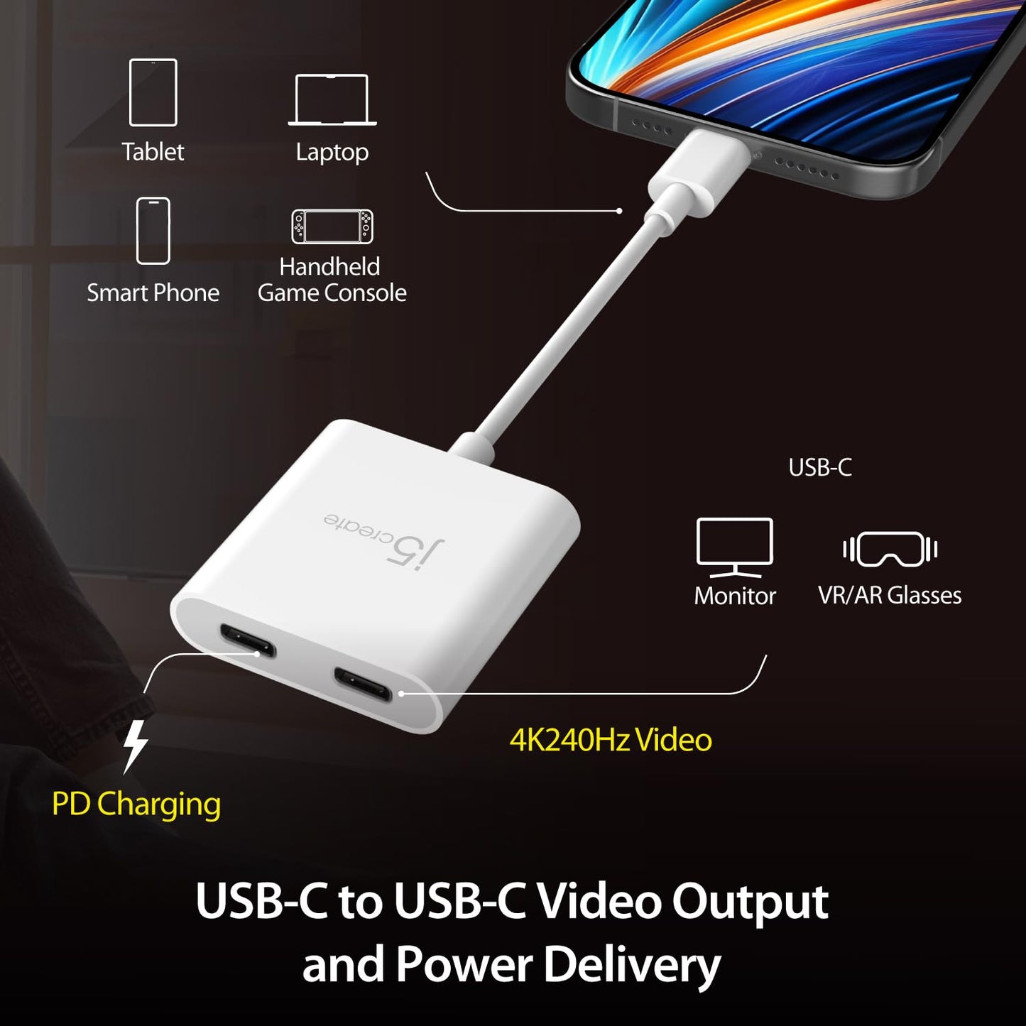 j5create AR Glasses USB-C Video and Charging Adapter, Support 4K@240Hz, up to 100W PD Pass Through Charging, for XREAL, Viture, Rokid, Steam Deck, ROG