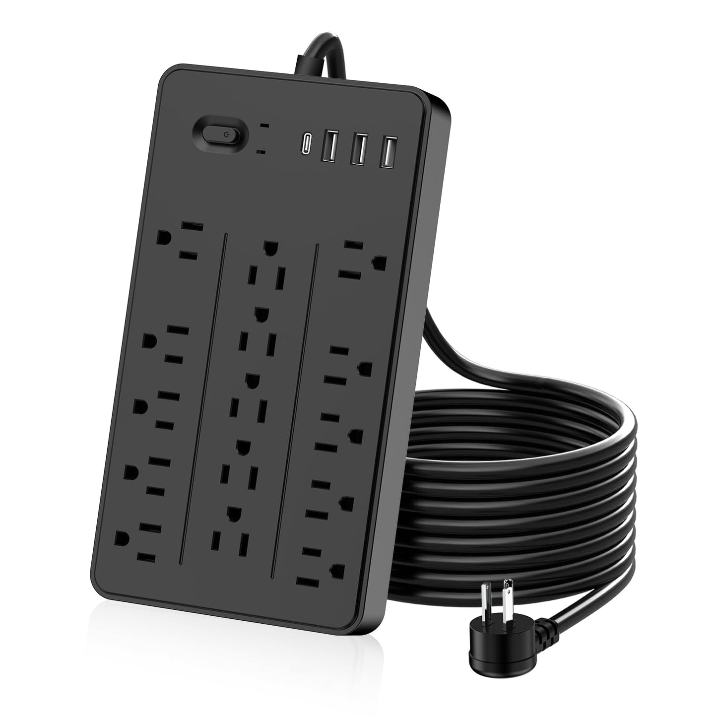 5 FT Flat Plug Surge Protector Power Strip,15 Multiple AC Outlets with 4 USB Ports (1 USB C), 5 Feet Extension Cord, 1625W/13A, One Touch Switch